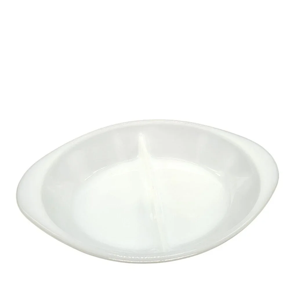 Vintage McKee Glasbake Divided Oval Milk Glass Casserole Dish Handles 2 Sides